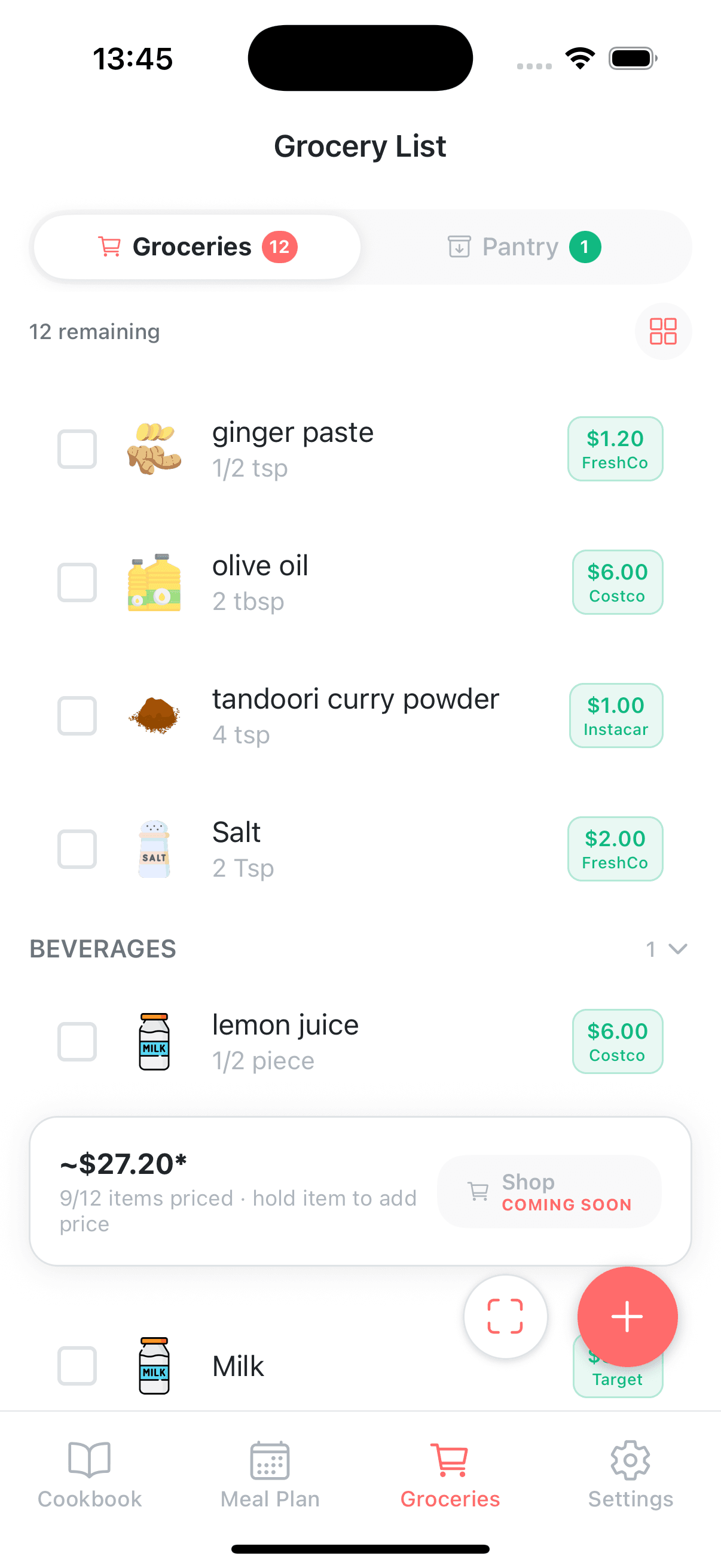 Recipio grocery list